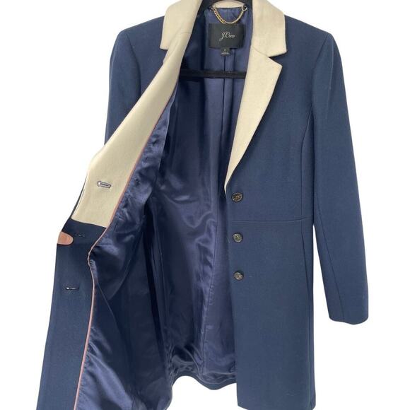 J. Crew Navy Blue Topcoat with White Contrast Lapel in Double Serge Wool size 2 - Picture 4 of 13